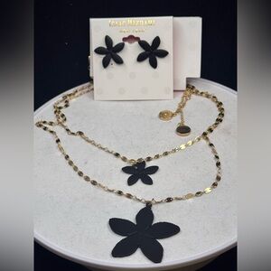 Isaac Mizrahi Black Flower Necklace & Earring Set 17” + 2.5” & 19” + 3”